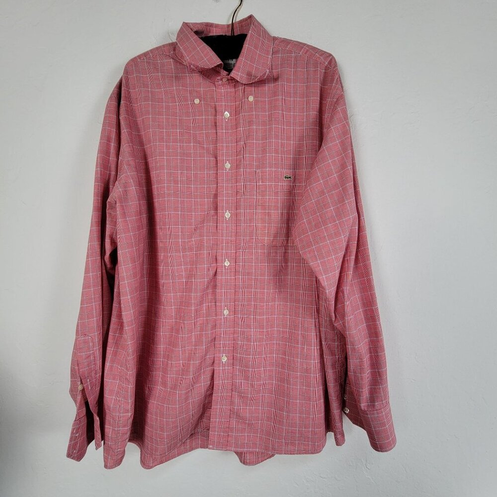 Lacoste Men Red Plaid Button-Down Long Sleeve Shirt Size 46 Cotton Pocket Casual